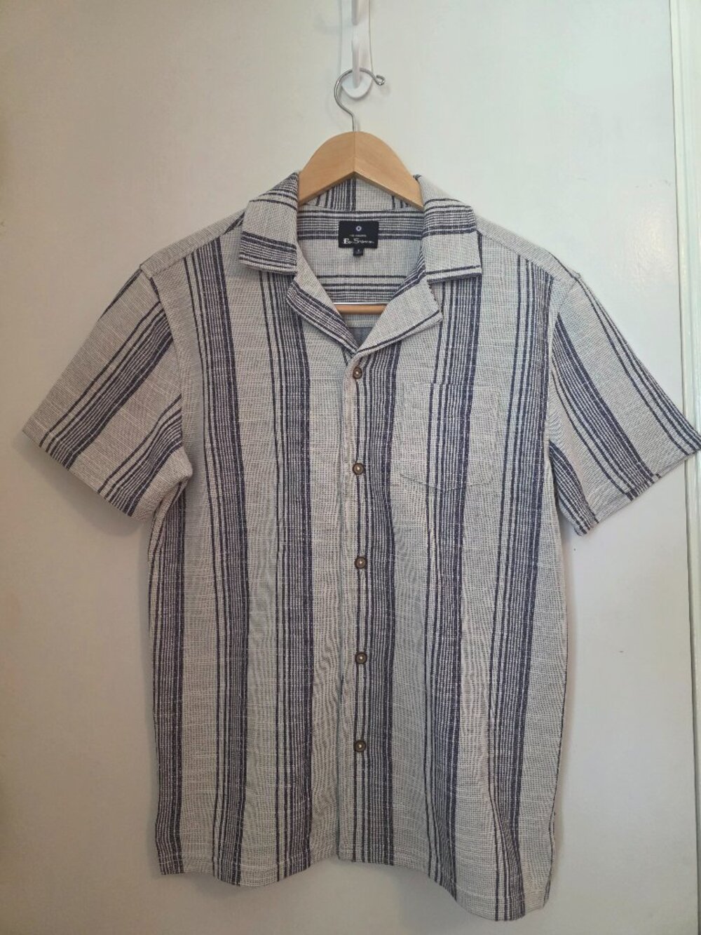 Ben Sherman Men's Shirt Camp Blue Stripe Coastal Collar Button Up Summer Small